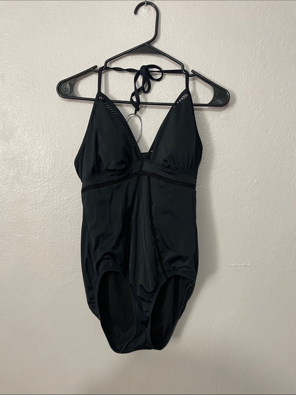 Time and Tru Black Halter Bodysuit with Lace Trim